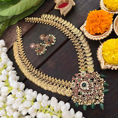Vriksham Dual Peacock Kemp Stone Kaasumala-Lakshmi Coin Neckpiece-Pastel Green Bead-G21319