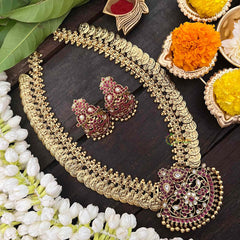 Vriksham Dual Maanga with Peacock Coin Haram-Kaasumala-Red White-Gold Bead-G21320