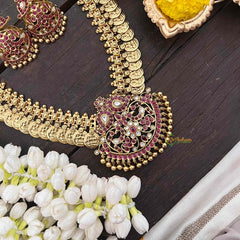 Vriksham Dual Maanga with Peacock Coin Haram-Kaasumala-Red White-Gold Bead-G21320