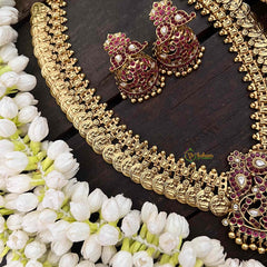 Vriksham Dual Maanga with Peacock Coin Haram-Kaasumala-Red White-Gold Bead-G21320