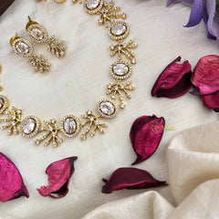 Vriksham Grand Look Oval Shape With Leaf AD Stone Neckpiece-White-G20583