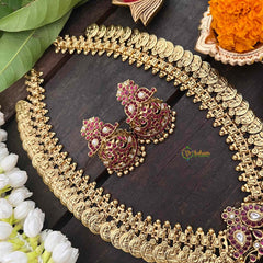 Vriksham Dual Maanga with Peacock Coin Haram-Kaasumala-Red White-Gold Bead-G21320