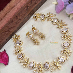 Vriksham Grand Look Oval Shape With Leaf AD Stone Neckpiece-White-G20583