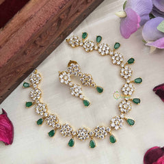 Vriksham Premium Party Ware Floral AD Stone Neckpiece-Green-G20580