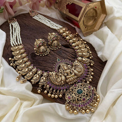 Exquisite Layered Mayil Lakshmi Long Neckpiece-Gold Beads-Pearl-G14107