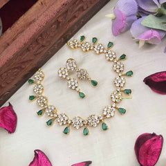 Vriksham Premium Party Ware Floral AD Stone Neckpiece-Green-G20580