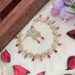 Vriksham Premium Party Ware Floral AD Stone Neckpiece-Red-G20579