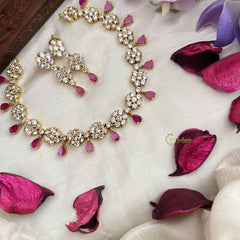 Vriksham Premium Party Ware Floral AD Stone Neckpiece-Red-G20579