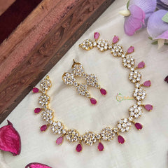 Vriksham Premium Party Ware Floral AD Stone Neckpiece-Red-G20579