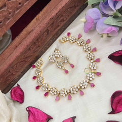 Vriksham Premium Party Ware Floral AD Stone Neckpiece-Red-G20579