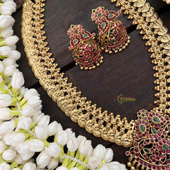 Vriksham Dual Maanga with Peacock Coin Haram-Kaasumala-Red Green-Gold Bead-G21321