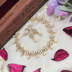 Vriksham Premium Party Ware Floral AD Stone Neckpiece-White-G20578