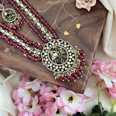 Premium 3 Layer Victorian Diamond Peacock Pendant Haram-Maroon Bead-VV1787