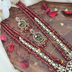 Premium 3 Layer Victorian Diamond Peacock Pendant Haram-Maroon Bead-VV1787