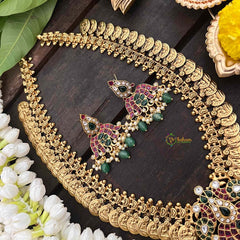 Vriksham Dual Peacock Kemp Stone Pendant Kaasumala-Pastel Green Bead-G21322