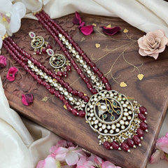 Premium 3 Layer Victorian Diamond Peacock Pendant Haram-Maroon Bead-VV1787