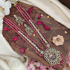 Premium 3 Layer Victorian Diamond Peacock Pendant Haram-Pink Bead-VV1789