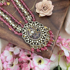 Premium 3 Layer Victorian Diamond Peacock Pendant Haram-Pink Bead-VV1789