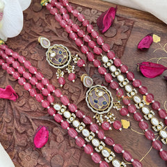 Premium 3 Layer Victorian Diamond Peacock Pendant Haram-Pink Bead-VV1789