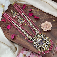 Premium 3 Layer Victorian Diamond Peacock Pendant Haram-Pink Bead-VV1789