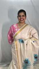 Vriksham Kasavu Cotton Saree Embroidered-Sky Blue Peacocok Feather-VS4337