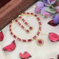 Vriksham Designer Christy Rubes AD Stone Neckpiece-Red-G20575