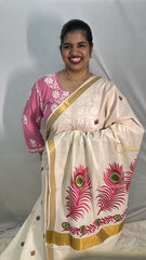 Vriksham Kasavu Cotton Saree Embroidered-Pink Peacocok Feather-VS4336