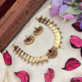 Vriksham Golden Lakshmi Coin With Lotus With Red & Green Stone Choker Neckpiece-G20567