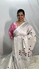 Silver Color Kasavu Tissue Cotton Saree Embroidered-VS3464