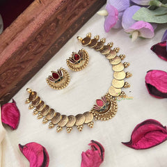 Vriksham Golden Lakshmi Coin With Lotus With Red & Green Stone Choker Neckpiece-G20567