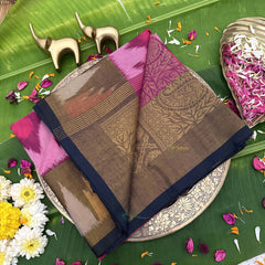 Vriksham Handwoven Pochampally Bold Pink & Earthy Brown with Arrowhead Motifs Ikkat Silk-Cotton Saree-VS4729