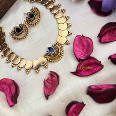 Vriksham Golden Lakshmi Coin With Lotus With Blue & Green Stone Neckpiece-G20568