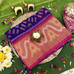 Vriksham Handwoven Pochampally Fiery Orange & Royal Blue with Wave Motifs Ikkat Silk-Cotton Saree-VS4730