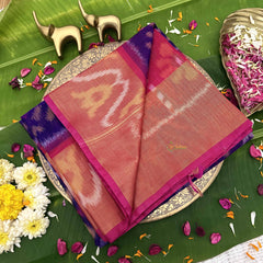 Vriksham Handwoven Pochampally Fiery Orange & Royal Blue with Wave Motifs Ikkat Silk-Cotton Saree-VS4730