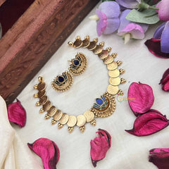 Vriksham Golden Lakshmi Coin With Lotus With Blue & Green Stone Neckpiece-G20568