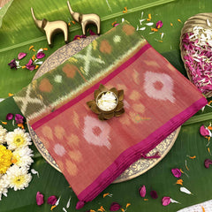 Vriksham Handwoven Pochampally Olive Green & Terracotta With Floral Burst Motifs Ikkat Silk-Cotton Saree-VS4735