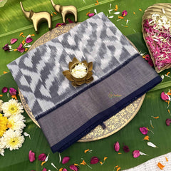 Vriksham Handwoven Pochampally Grey & Off White Zigzag Ikkat Silk-Cotton Saree-VS4733