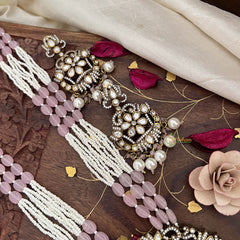 Layered Beaded Light Pink Victorian Diamond Short Neckpiece-Narthana Krishna-VV1216