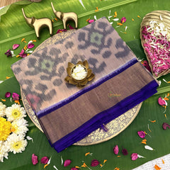 Vriksham Handwoven Pochampally Beige & Grey Tribal Motifs With Deep Blue Border Ikkat Silk-Cotton Saree-VS4734