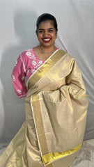 Vriksham Kasavu Plain Tissue Cotton Saree-Glossy Golden Zari Patti-VS4346