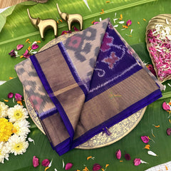 Vriksham Handwoven Pochampally Beige & Grey Tribal Motifs With Deep Blue Border Ikkat Silk-Cotton Saree-VS4734