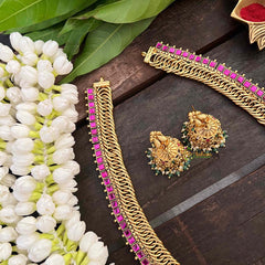 Vriksham Jalebi Style Lakshmi Pendant Long Neckpiece-Red-Pastel Green Bead-G21327