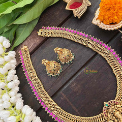 Vriksham Jalebi Style Lakshmi Pendant Long Neckpiece-Red-Pastel Green Bead-G21327