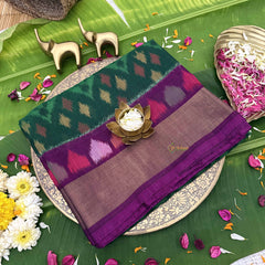 Vriksham Handwoven Pochampally Green & Deep Purple With Diamond & Multi-Arrow Motifs Ikkat Silk-Cotton Saree-VS4738