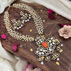 Pearl Victorian Diamond Pendant Neckpiece -Orange -VV695