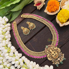 Vriksham Jalebi Style Lakshmi Pendant Long Neckpiece-Red-Pastel Green Bead-G21327