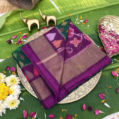 Vriksham Handwoven Pochampally Green & Deep Purple With Diamond & Multi-Arrow Motifs Ikkat Silk-Cotton Saree-VS4738