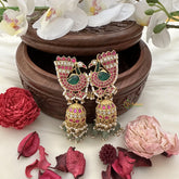 Peacock Jadau Kundan Jhumka-Aqua Green Beads-J2436