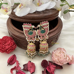 Peacock Jadau Kundan Jhumka-Aqua Green Beads-J2436