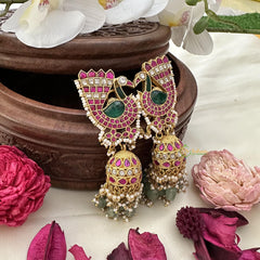 Peacock Jadau Kundan Jhumka-Aqua Green Beads-J2436